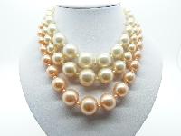 Vintage 50s Chunky Three Row White and Pink Faux Pearl Bead Necklace 47cms