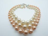 Vintage 50s Chunky Three Row White and Pink Faux Pearl Bead Necklace 47cms
