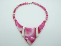 Vintage 70s Funky Pink and White Marble Effect Lucite Statement Necklace 