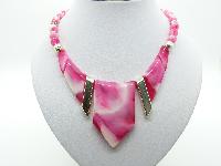 £22.00 - Vintage 70s Funky Pink and White Marble Effect Lucite Statement Necklace 