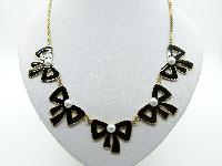 Vintage Inspired Black Enamel Bow and Faux Pearl Bead Goldtone Necklace 