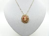Vintage 70s Signed Sarah Cov Goldtone Cameo Brooch Pendant with Chain
