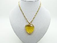 Vintage 80s Large Citrine Crystal Glass Heart Pendant and Gold Plated Chain