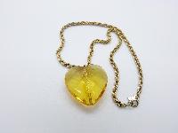 Vintage 80s Large Citrine Crystal Glass Heart Pendant and Gold Plated Chain