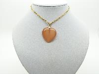 £14.00 - Vintage 80s Peach Coloured Moonglow Glass Heart Pendant with Gold Chain