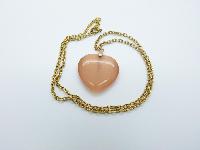 Vintage 80s Peach Coloured Moonglow Glass Heart Pendant with Gold Chain