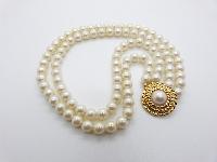 Vintage 80s Classy Two Row Faux Pearl Bead Necklace with Gold Side Clasp