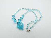 Vintage Redesigned Aqua Blue Crystal Bead Necklace Glass Heart Pendant 