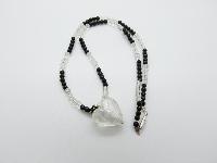 Vintage Redesigned Black and Clear Glass Bead Necklace White Heart Pendant