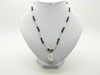 Vintage Redesigned Black and Clear Glass Bead Necklace White Heart Pendant