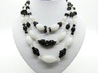 Vintage 50s Stunning Three Row Black and White Glass Bead Necklace Quality!