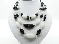 Vintage 50s Stunning Three Row Black and White Glass Bead Necklace Quality!