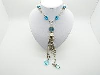 Long Silvertone Chain Link Necklace with Blue Glass Beads and Coin Charms