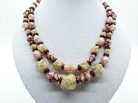 Vintage 50s Two Row Cream and Maroon Lucite Plastic Textured Bead Necklace 