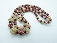 Vintage 50s Two Row Cream and Maroon Lucite Plastic Textured Bead Necklace 