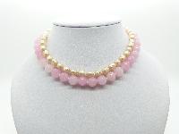 Vintage 50s Two Row Pink Glass and  Faux Pearl Bead Necklace and Earrings