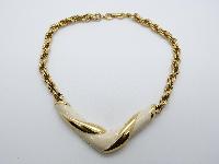 Vintage 80s Quality Designer Cream Enamel and Goldtone V Shaped Necklace