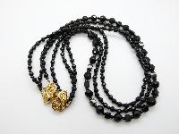 Vintage 80s Three Row Sparkling Black Glass Bead Necklace Fancy Gold Clasp