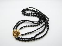 Vintage 80s Three Row Sparkling Black Glass Bead Necklace Fancy Gold Clasp