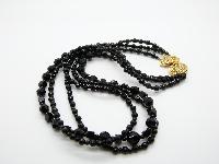 Vintage 80s Three Row Sparkling Black Glass Bead Necklace Fancy Gold Clasp