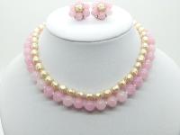 Vintage 50s Two Row Pink Glass and  Faux Pearl Bead Necklace and Earrings