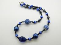 Vintage Redesigned 70s Blue Glass and Hematite Bead Necklace Fab!