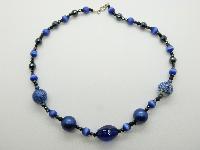Vintage Redesigned 70s Blue Glass and Hematite Bead Necklace Fab!
