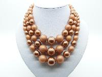 Vintage 50s Three Row Chunky Bronze Pink Lucite Pearl Bead Necklace Fab