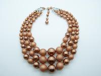Vintage 50s Three Row Chunky Bronze Pink Lucite Pearl Bead Necklace Fab