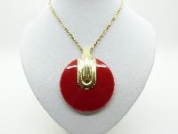 £12.00 - Fab Large Red and Gold 60s Style Round Pendant and Long Gold Chain 