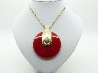 Fab Large Red and Gold 60s Style Round Pendant and Long Gold Chain 