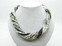 Vintage 80s Super Black White and Silver Multi Strand Bead Twist Necklace