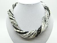£13.00 - Vintage 80s Super Black White and Silver Multi Strand Bead Twist Necklace