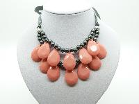 Stunning Orange and Grey Bead Double Row Dropper Necklace Grey Ribbon Tie