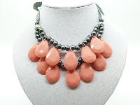 Stunning Orange and Grey Bead Double Row Dropper Necklace Grey Ribbon Tie