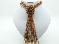 Fab Long Multi Strand Gold and Clear Glass Seed Bead Flower Tassel Necklace