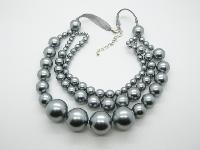 Vintage 50s STYLE Three Row Chunky SIlver Grey Pearl Bead Necklace Fab!