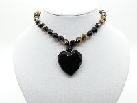 £25.00 - Fab Black and Bronze Hombre Glass Bead Necklace with Large Heart Pendant