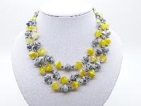 Vintage 50s Three Row Yellow and Grey Swirl Murano Glass Bead Necklace 