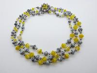 Vintage 50s Three Row Yellow and Grey Swirl Murano Glass Bead Necklace 