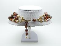 Vintage 50s Three Row Brown Moonglow and AB Crystal Glass Bead Necklace