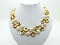 Vintage 80s Stunning Glass Faux Pearl Bead Double Link Goldtone Necklace