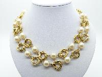 Vintage 80s Stunning Glass Faux Pearl Bead Double Link Goldtone Necklace
