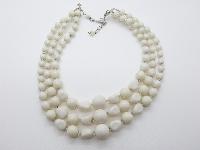 Vintage 50s Three Row Pretty White Plastic Bead Necklace Unusual Shape