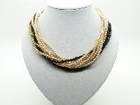 Vintage 50s Eight Row Glass Faux Pearl Black Glass Crystal Bead Necklace