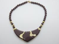 £13.00 - Vintage 70s Unique Brownish Purple and Gold Lucite V Shaped Bead Necklace
