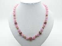 Vintage 30s Pink Glass and Pink Wedding Cake Murano Flower Bead Necklace 