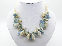 Vintage 50s Quirky White and Blue Plastic Shell Charm Bead Necklace 