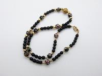 Vintage 80s Fab Black Glass Bead Gold and Cloisonne Flower Necklace