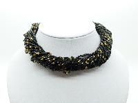 Vintage 50s Fab Black and Gold Seed Glass Bead Multi Strand Twist Necklace